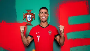 Cristiano Ronaldo poses for a picture with the Portugal jersey and the Portuguese national team badge is next to him.