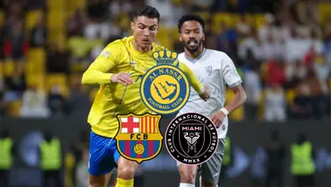 Cristiano Ronaldo runs with the ball with an Al Nassr jersey; the Al Nassr badge is above the FC Barcelona and Inter Miami badges. (Source: GOATTWORLD X)