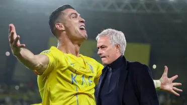 Cristiano Ronaldo screams with joy with his arms out while wearing the Al Nassr jersey; Jose Mourinho looks upset.