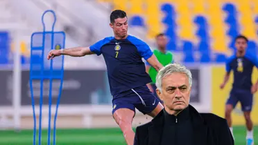 Cristiano Ronaldo set to shoot a ball with an Al Nassr training kit on and Jose Mourinho looks disappointed.