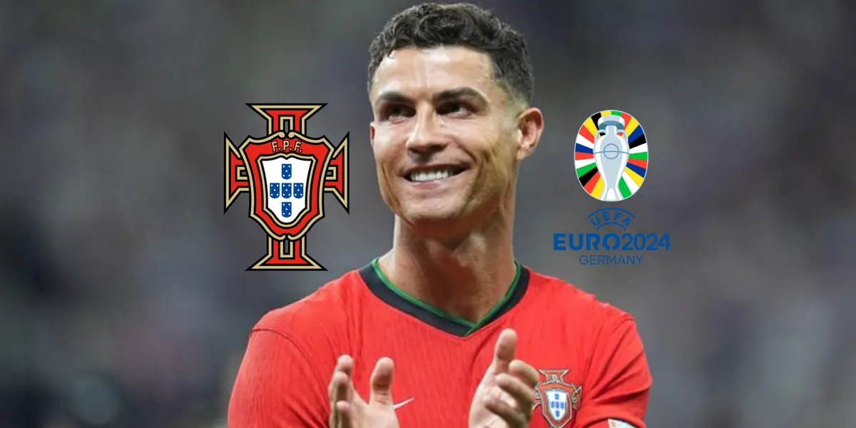 Cristiano Ronaldo smiles and claps while he wears the Portugal jersey; the Portugal national team badge and the EURO logo is next to him. (Source: GOATTWORLD X)