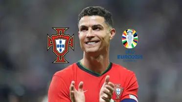 Cristiano Ronaldo smiles and claps while he wears the Portugal jersey; the Portugal national team badge and the EURO logo is next to him. (Source: GOATTWORLD X)