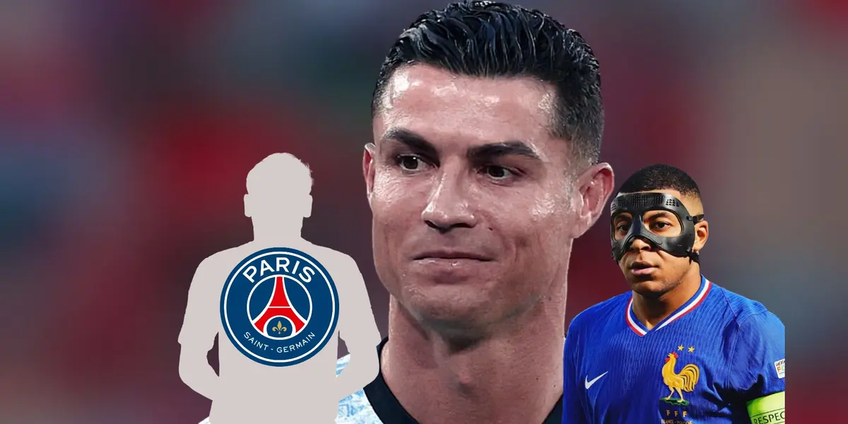 Cristiano Ronaldo smiles and looks down while Kylian Mbappé wears the black mask and a mystery player has the PSG badge. (Source: KM 10 Zone, X)