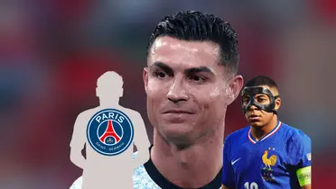 Cristiano Ronaldo smiles and looks down while Kylian Mbappé wears the black mask and a mystery player has the PSG badge. (Source: KM 10 Zone, X)