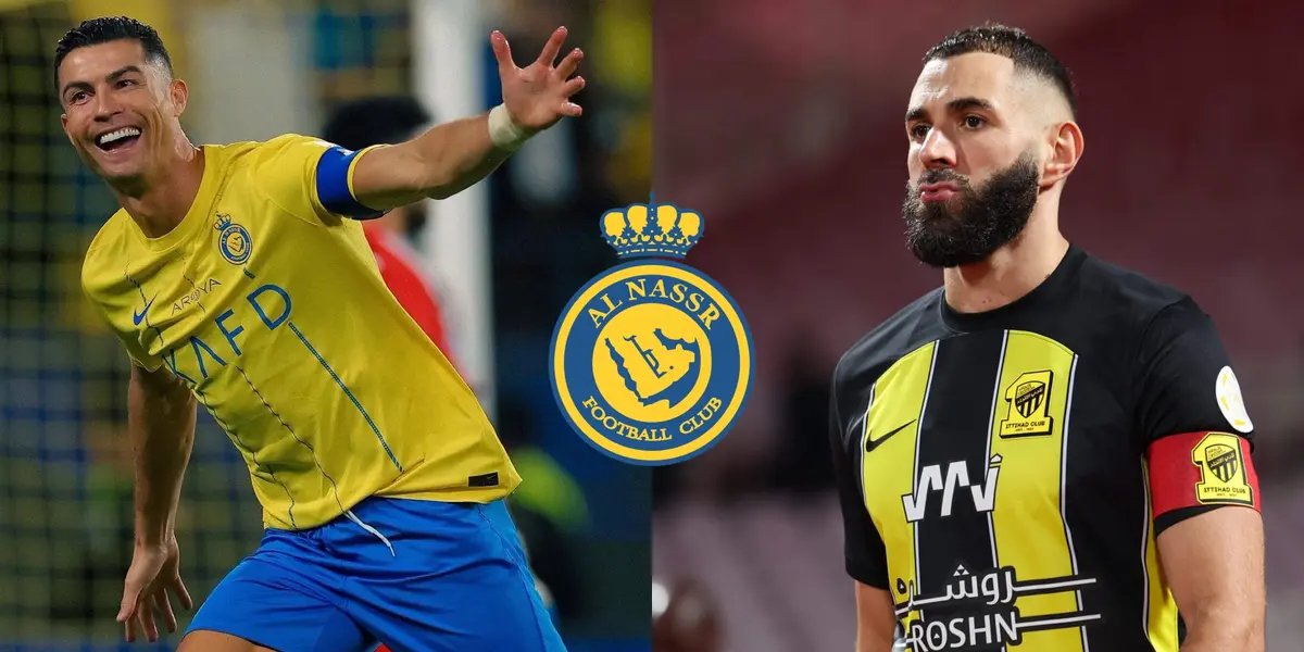 Cristiano Ronaldo smiles as he celebrates an Al Nassr goal and Karim Benzema looks serious while wearing an Al Ittihad jersey; the Al Nassr logo is in the middle.