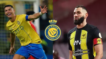 Cristiano Ronaldo smiles as he celebrates an Al Nassr goal and Karim Benzema looks serious while wearing an Al Ittihad jersey; the Al Nassr logo is in the middle.