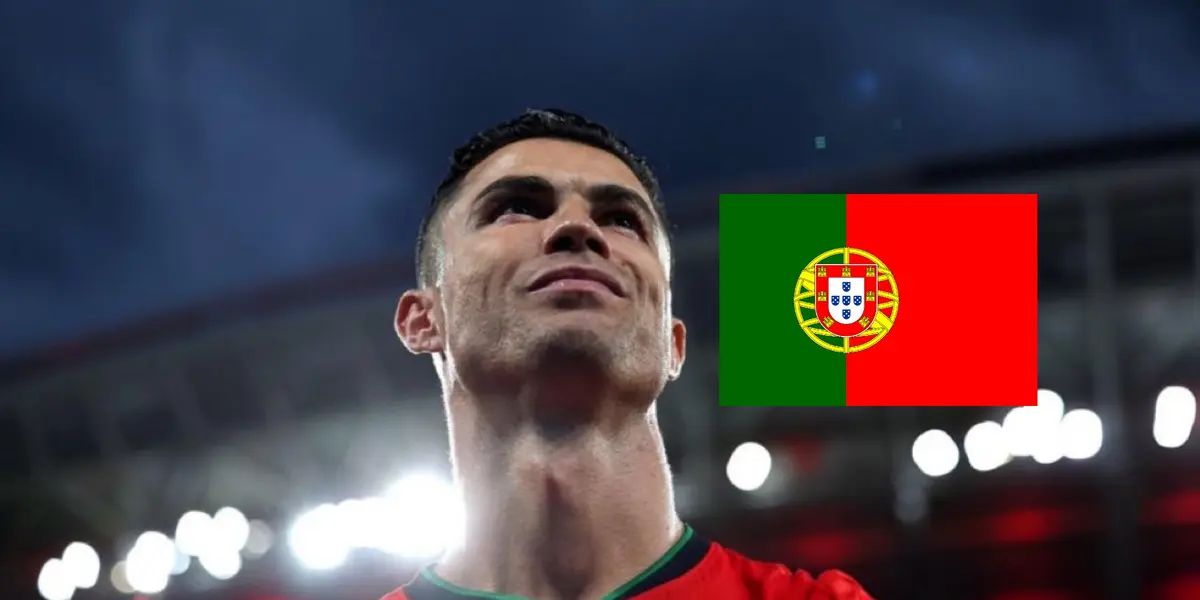 Cristiano Ronaldo smiles as he looks up wears the Portugal jersey and the Portugal flag is next to him. (Source: Al Nassr Zone X)