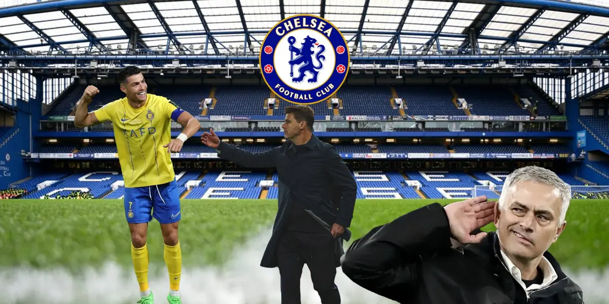 Cristiano Ronaldo smiles wearing an Al Nassr jersey while Mauricio Pochettino complains wearing a jacket. Jose Mourinho holds his hand on his ear and a Chelsea logo in the middle.