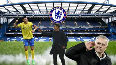 Cristiano Ronaldo smiles wearing an Al Nassr jersey while Mauricio Pochettino complains wearing a jacket. Jose Mourinho holds his hand on his ear and a Chelsea logo in the middle.
