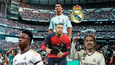 Cristiano Ronaldo smiles while being presented as a new Real Madrid player; Luka Modric and Vinicius Jr are wearing the Real Madrid kit while Kylian Mbappé is focused.