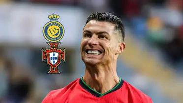 Cristiano Ronaldo smiles while he wears the Portugal jersey; the Al Nassr and Portugal national team badge is next to him.