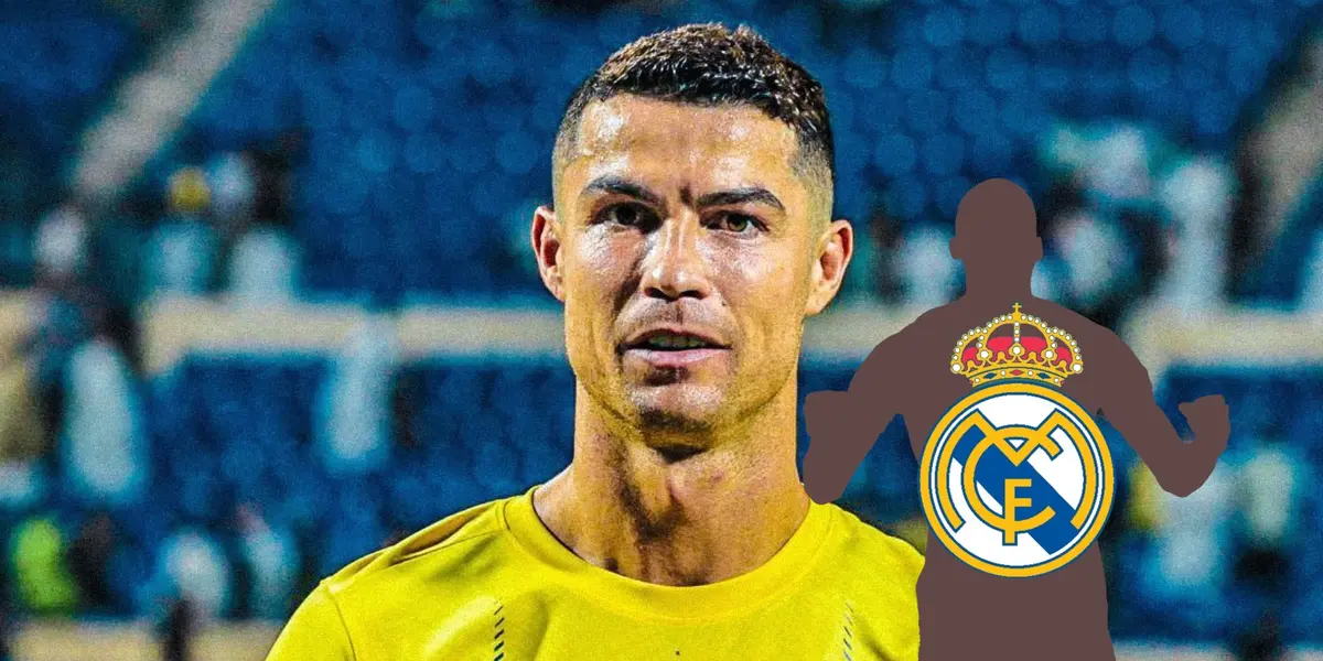 Cristiano Ronaldo smiles while wearing Al Nassr jersey and a mystery player has the Real Madrid badge on him.