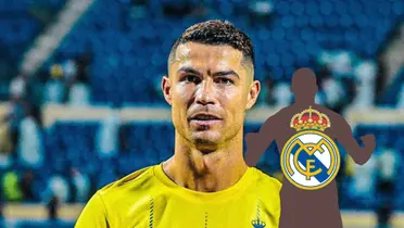 Cristiano Ronaldo smiles while wearing Al Nassr jersey and a mystery player has the Real Madrid badge on him.