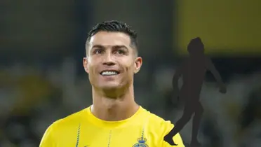 Cristiano Ronaldo smiles while wearing an Al Nassr jersey and the mystery player is next to him.