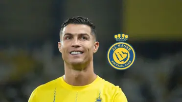 Cristiano Ronaldo smiles while wearing the Al Nassr jersey and the Al Nassr badge is next to him.