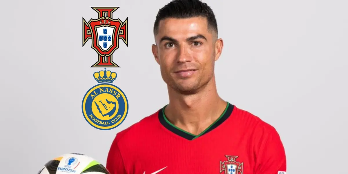Cristiano Ronaldo smiles while wearing the new Portugal national team jersey. Portugal national team and Al Nassr's badges are next to him.
