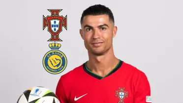 Cristiano Ronaldo smiles while wearing the new Portugal national team jersey. Portugal national team and Al Nassr's badges are next to him.