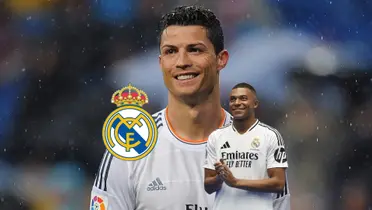 Cristiano Ronaldo smiles with a Real Madrid jersey on while Kylian Mbappé smiles with a Real Madrid jersey on; the badge is next to him. (Source: Getty Images, Kylian Mbappé X)