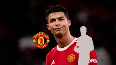 Cristiano Ronaldo squints his eyes as he wears the Manchester United jersey while the Man United badge is next to a mystery player. (Source: Getty Images)
