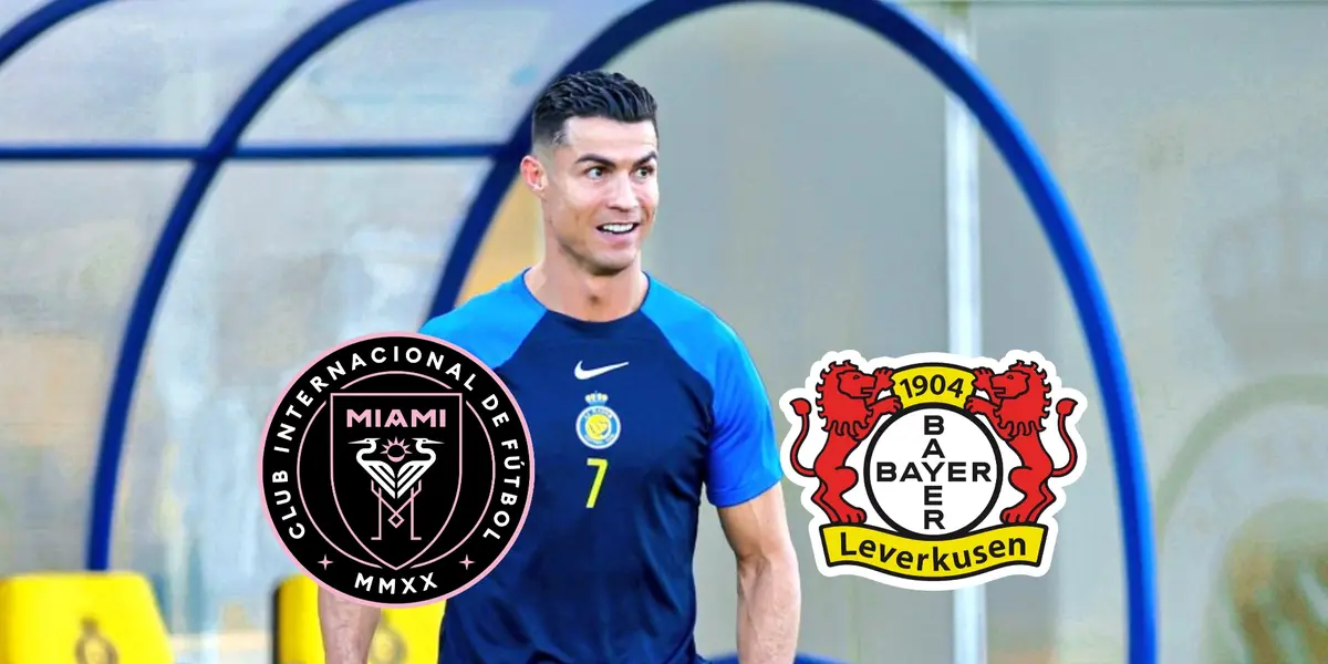 Cristiano Ronaldo trains by wearing an Al Nassr training shirt while the Inter Miami and Bayer Leverkusen logos are below him.
