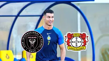 Cristiano Ronaldo trains by wearing an Al Nassr training shirt while the Inter Miami and Bayer Leverkusen logos are below him.