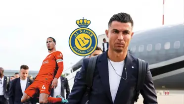 Cristiano Ronaldo walks with a suit on while Virgil Van Dijk slides while wearing the Liverpool jersey; the Al Nassr badge is next to them.