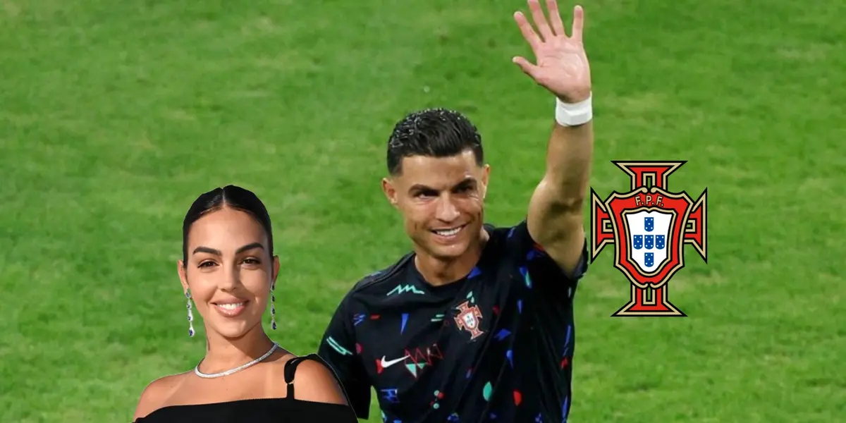Cristiano Ronaldo waves to the stands while Georgina Rodriguez smiles next to him and the Portugal national team badge is next to him. (Source: Al Nassr Zone X)