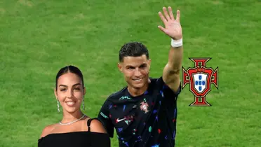 Cristiano Ronaldo waves to the stands while Georgina Rodriguez smiles next to him and the Portugal national team badge is next to him. (Source: Al Nassr Zone X)