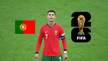 Cristiano Ronaldo wear the Portugal jersey as the Portugal flag is next to him and the FIFA World Cup 2026 logo is next to him. (Source: FIFA, GOATTWORLD X)
