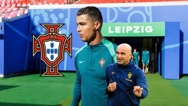 Cristiano Ronaldo wears the Portugal traning kit as Roberto Martinez wears the Portugal jacket; the Portugal national team badge is next to CR7. (Timeline CR7) 