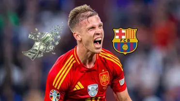 Dani Olmo celebrates a goal for Spain at EURO 2024 while the FC Barcelona badge and money is near him. (Source: Centregoals X)