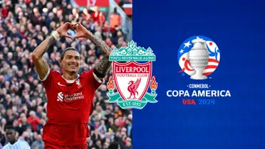 Darwin Nuñez celebrates a Liverpool goal with a heart gesture, the Copa America 2024 Logo is next to him and the Liverpool badge is in the middle.