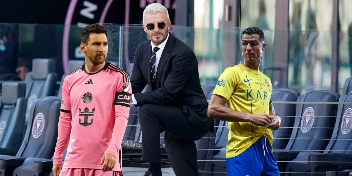David Beckham wears a suit with sunglasses while Lionel Messi wears the Inter Miami kit and Cristiano Ronaldo wears the Al Nassr kit.