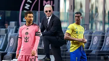 David Beckham wears a suit with sunglasses while Lionel Messi wears the Inter Miami kit and Cristiano Ronaldo wears the Al Nassr kit.