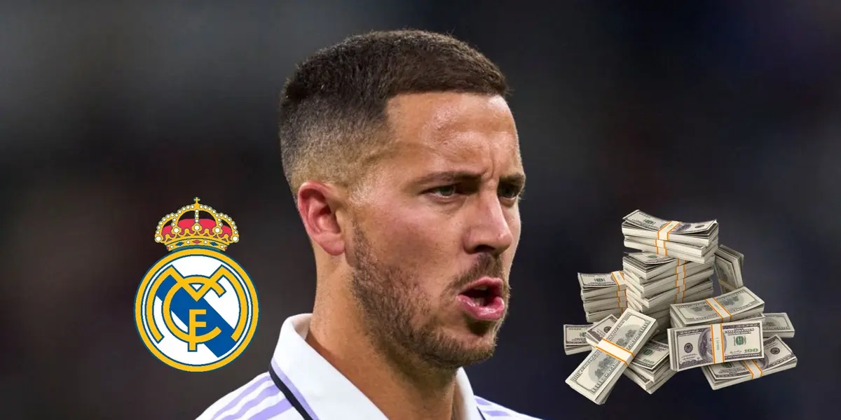 Eden Hazard is concentrated while wearing the Real Madrid jersey while a Real Madrid logo in on the left and a stack of money is on the right.