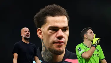 Ederson has pain on his eye while Pep Guardiola looks upset and Emi Martinez shushes the crowd.