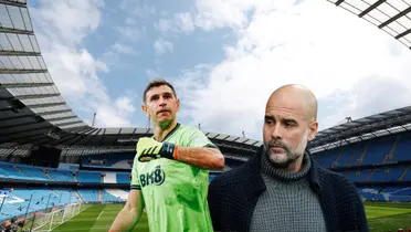 Emiliano Martinez celebrates an Aston Villa win while Pep Guardiola looks serious as Manchester City manager. 