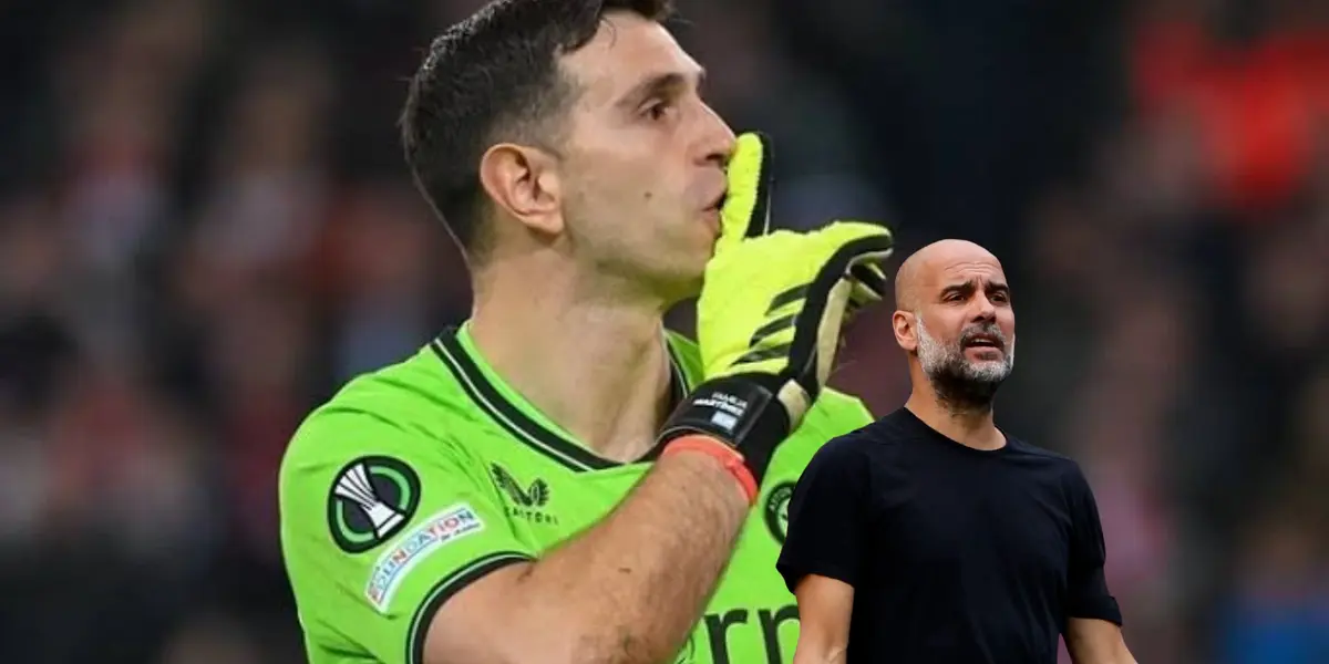Emiliano Martinez shushes the crowd with his finger and Pep Guardiola makes an angry face.
