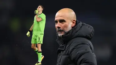 Emiliano Martinez shushes the crowd with his finger on his lips with an Aston Villa shirt and Pep Guardiola smirks while wearing a jacket.