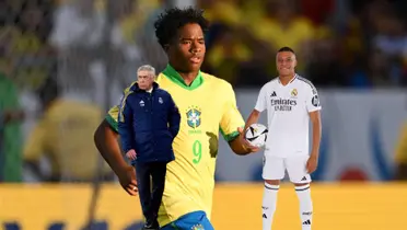 Endrick concentrates while playing for Brazil as Carlo Ancelotti wears a Real Madrid jacket and Kylian Mbappé wears the Real Madrid kit with a ball. (Source: Getty Images, Ancelotti X, Real Madrid)