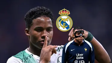 Endrick does a celebration while wearing the Palmeiras jersey and Kylian Mbappé wears a mask as he wears a France sweater. (Source: Madrid Xtra X)