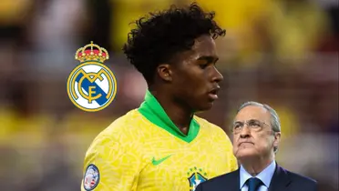Endrick looks down with a Brazil jersey on while Real Madrid badge is next to him and Florentino Perez looks up. (Source: Madrid Xtra X)