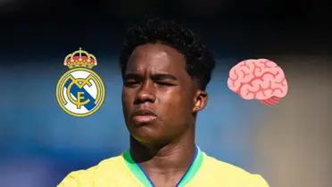 Endrick looks focused as he wears the Brazilian national team while the Real Madrid logo and the brain emoji is next to him. (Source: Centre Goals X, Icon Duck)