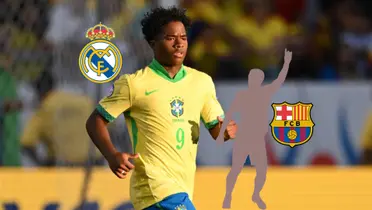 Endrick runs on the pitch with a Brazil jersey on as the Real Madrid badge is next to him while a mystery player is next to the FC Barcelona badge. (Source: AFP, X)