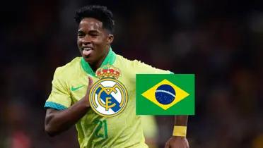 Endrick sticks out his tongue and touches his Brazil jersey while the Real Madrid badge and the Brazil flag is below him.