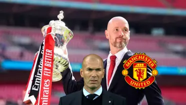 Erik Ten Hag lifts the FA Cup trophy and Zinedine Zidane is below him, with the Manchester United logo next to him.