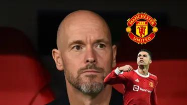 Erik Ten Hag serious as Man United coach while Cristiano Ronaldo celebrates with Man United.