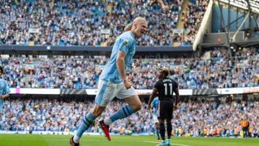 Erling Haaland celebrates a goal for Manchester City at the Etihad Stadium.