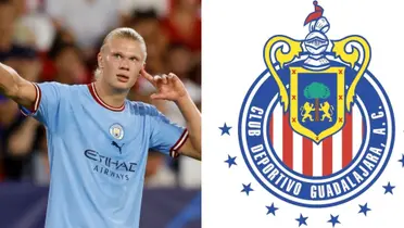 Erling Haaland with the Manchester City jersey and the Club Chivas badge.
