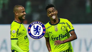 Estevão William celebrates a goal for Palmeiras in Brazl with his teammate as the Chelsea badge is next to him. (Source: FrankKhalidUK X) 